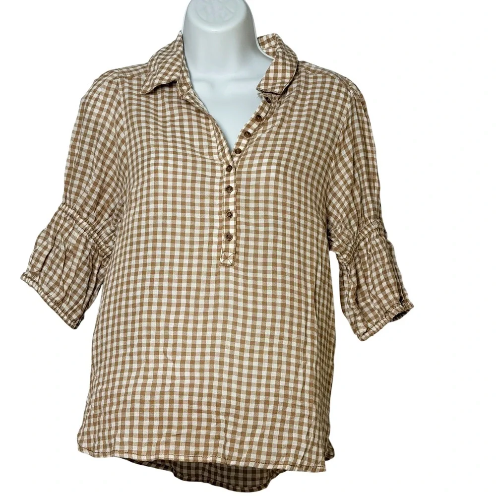 Anthropologie Tan Gingham Cotton Puff Sleeve Henley Top Boho Blouse small